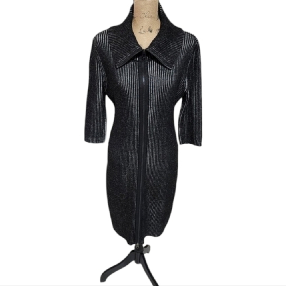 Calvin Klein black marled ribbed full zip sweater dress‎ size XL